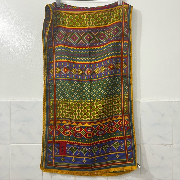 Yves Saint Laurent Yellow Gold Geometric Western Fringe Hem Silk Scarf Italy - Picture 1 of 8